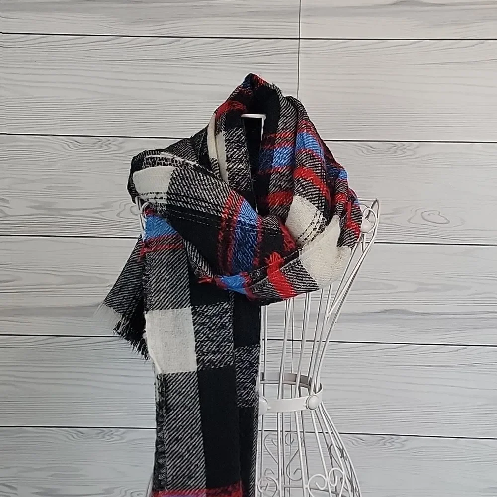 Blanket Wrap Scarf Unbranded - Black, White, Red, and Blue   80